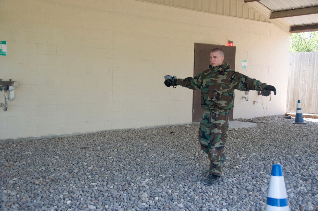 Trainees air out after exiting the mask confidence chamber. (U.S. Air Force Photo/Melinda Mueller)
