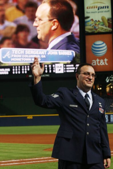 Technical Sgt. John V Barnes a Flight Engineer from the 700th Airlift Squadron was recognized as the Atlanta Braves Hometown Hero before a large crowd at Turner Stadium Sep. 28. (U.S. Air Force Photo/Don Peek)