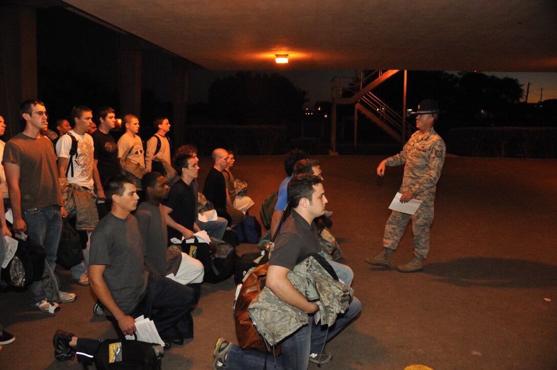 Trainees receiving their initial instructions upon arrival to the training squadron. (U.S. Air Force Photo/Training Development Flight)
