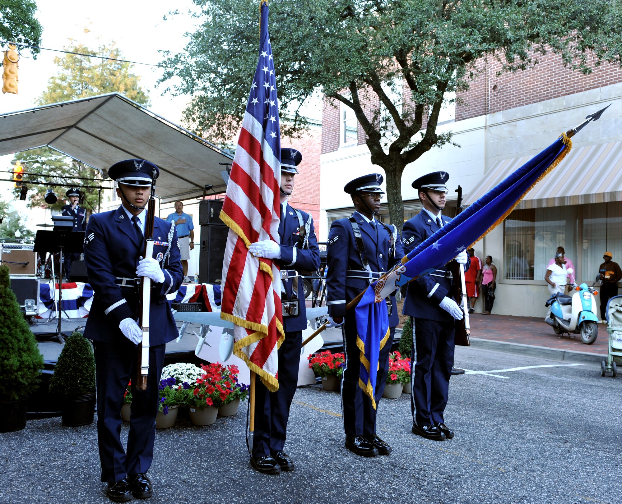 100924-F-4406D-001 SHAW AIR FORCE BASE, S.C.- During the opening ceremony for 9th Annual Sumter-Shaw Street Fest 2010 the Honor Guard posted the flags downtown Sumter, S.C., Sept. 24, 2010. The Street Fest was a salute to all members stationed at Shaw AFB, Progress Energy, Federal Trade Commission and the City of Sumter.  (U.S. Air Force photo/Airman 1st Class Tabatha L. Duarte (Released)