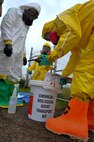 MINOT AIR FORCE BASE, N.D. – Airman Anjelika Rodriguez (right), 5th Medical Operations Squadron bioenvironmental response team member, prepares to seal a chemical and biological agent transport kit while Tech. Sgt. Krista Moreau (middle), 5th MDOS bioenvironmental response team member, and Airman 1st Class Brian Stevens (left), 5th Civil Engineer Squadron readiness technician, prepare to assist during an exercise here Sept. 23. Exercises like these are vital training tools used throughout the year to ensure wing personnel are trained to provide safe, secure, effective conventional and nuclear operations as mandated by Air Force Global Strike Command. (U.S. Air Force photo by Master Sgt. Michael Gaddis)