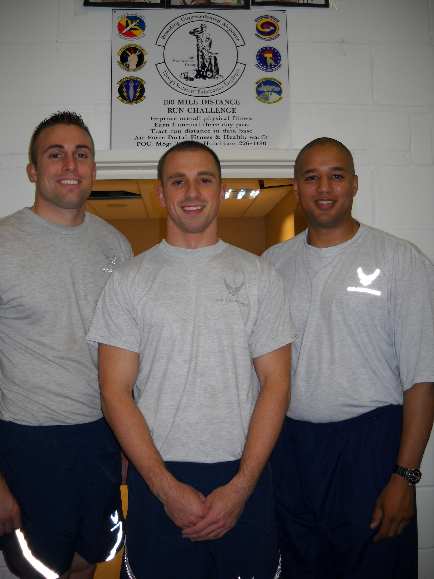 (left to right) Staff Sgt. Nicholas Sinnwell, Senior Airman Zachary Cervantes and Master Sgt. Thomas Huchison III are the first 48th Maintenance Group members to complete the 48th MXG 100 Mile Distance Run Challenge. The Challenge is self-paced and can be run either outdoors or indoors, with progress tracked on the Air Force Portal. For completing the 100 miles, each Airman received a certificate of completion and a three-day pass from 48th MXG Commander Col. Dorothy Silvanic. (U.S. Air Force photo courtesy of Master Sgt. Thomas Huchison)