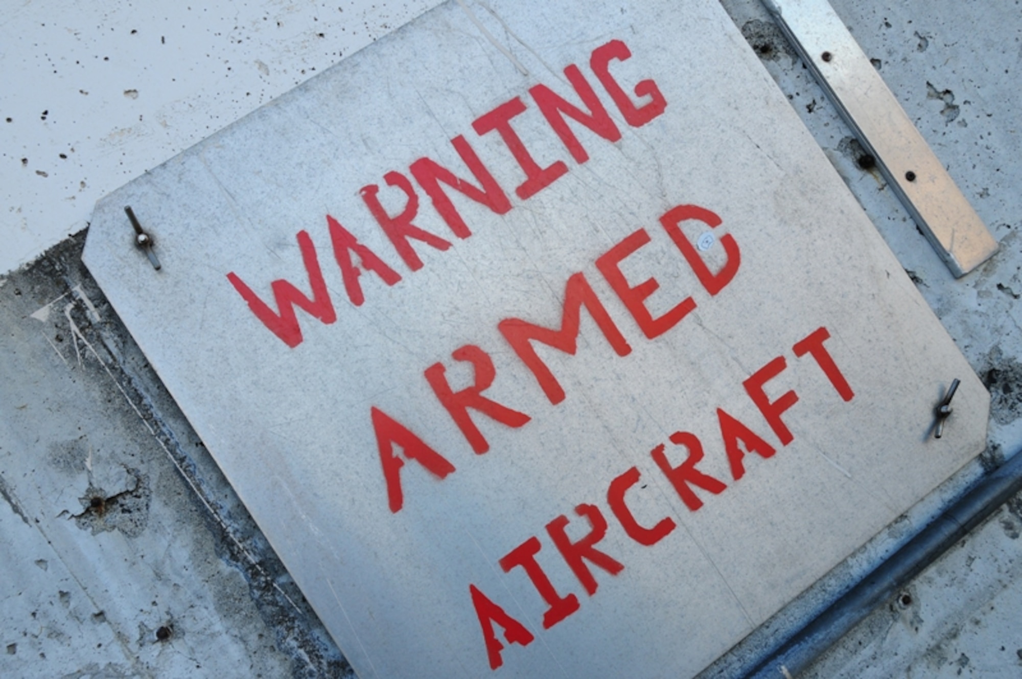 KEFLAVIK, Iceland – This warning sign is attached to the front of the hardened shelter Airmen from the 493rd Expeditionary Fighter Squadron armed an F-15C Eagle in Sept. 23. (U.S. Air Force photo/Senior Airman Stephen Linch)