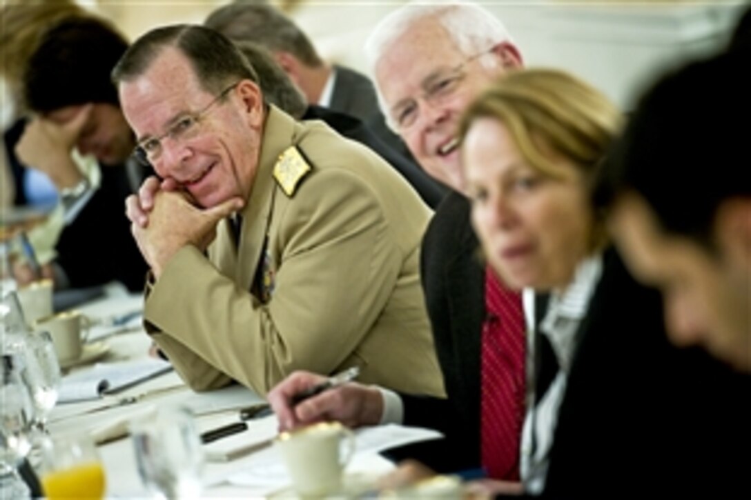 Navy Adm. Mike Mullen, chairman of the Joint Chiefs of Staff, addresses reporters at the Christian Science Monitor's breakfast at the St. Regis Hotel in Washington, D.C., Sept. 29, 2010. For more than 44 years, the breakfasts have enabled Washington newsmakers and journalists to sit down for in-depth discussions outside the normal press arena.