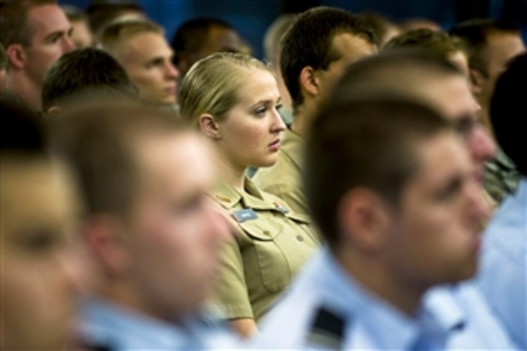 ROTC cadets from Duke University, University of North Carolina, North Carolina State University and North Carolina Central University listen as Defense Secretary Robert M. Gates speaks at Duke University in Durham, N.C., Sept. 29, 2010.