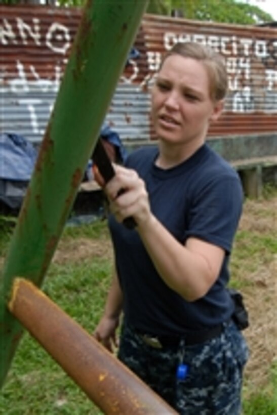 U.S. Navy Petty Officer 2nd Class Alicia Williamson, embarked aboard the multipurpose amphibious assault ship USS Iwo Jima (LHD 7), removes rust from a swing set during a community service project at Las Carmeles Park in Bluefields, Nicaragua, on Sept. 20, 2010.  The ship is supporting the humanitarian civic assistance mission Continuing Promise 2010.  
