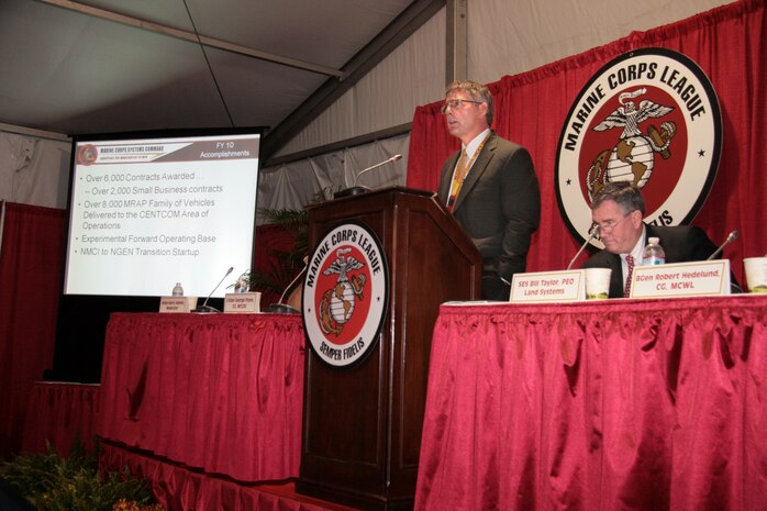 Both Dr. John Burrow, Marine Corps Systems Command Executive Director, and Mr. William Taylor, Program Executive Officer Land Systems, spoke during the Report to Industry event at the Modern Day Marine exposition.