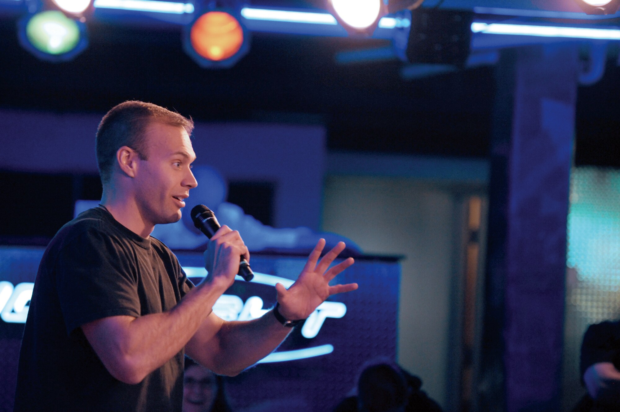 Comedian Keith Alberstadt performs for troops, Monday, at the Arctic Chill. (U.S. Air Force photo/Staff Sgt. Joshua Garcia)