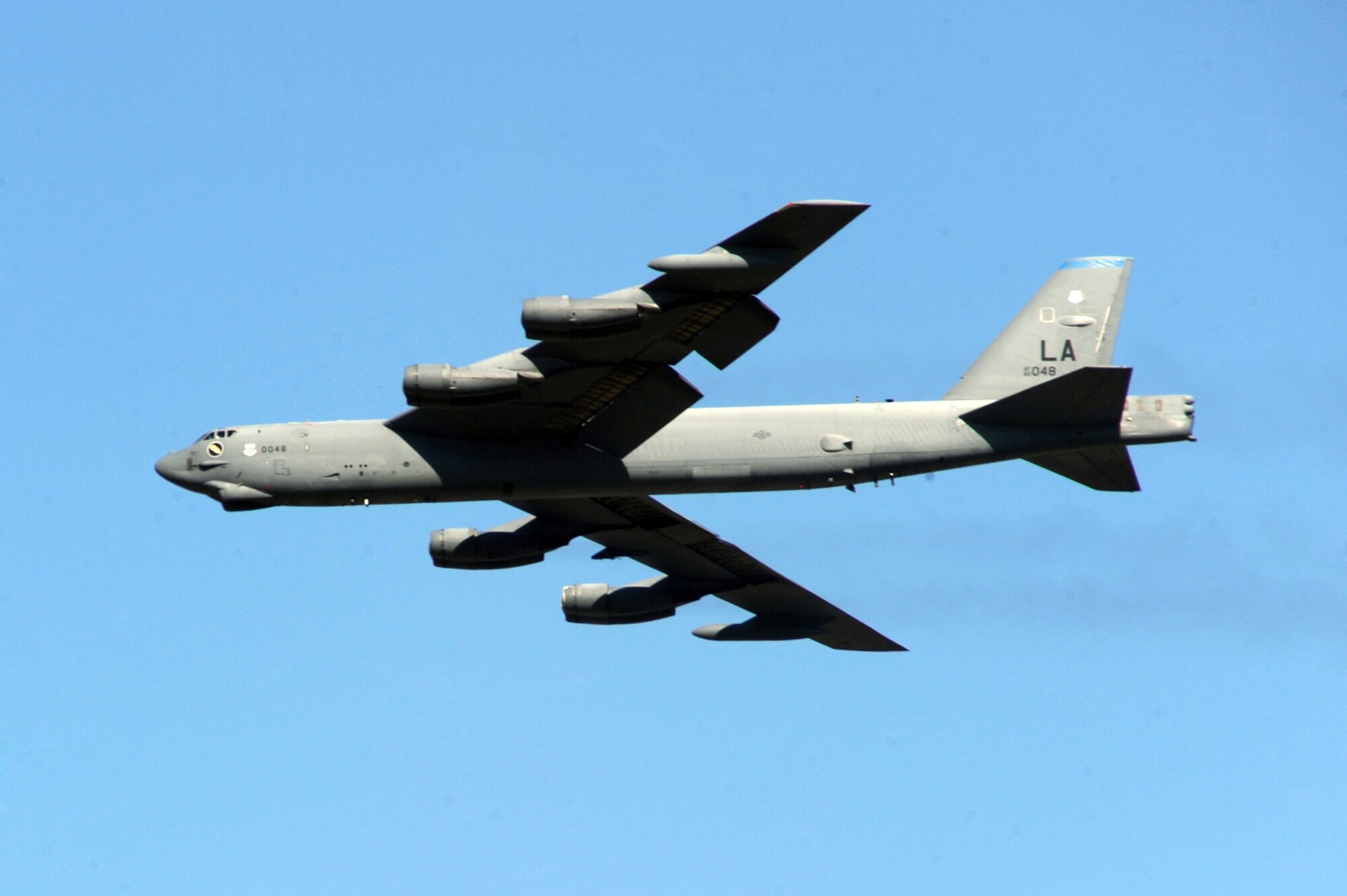 BARKSDALE AIR FORCE BASE, La. -- Col. Gregory Smith, 2nd Operations Group commander, flies over Barksdale Air Force Base during his "fini" flight Sept. 29. The "fini" flight is a long standing practice of both the United States and Royal Australian Air Forces. (U.S. Air Force photo/Senior Airman Brittany Y. Bateman)(RELEASED)