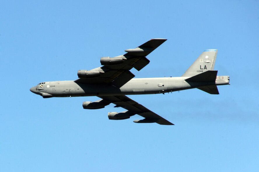 BARKSDALE AIR FORCE BASE, La. -- Col. Gregory Smith, 2nd Operations Group commander, flies over Barksdale Air Force Base during his "fini" flight Sept. 29. The "fini" flight is a long standing practice of both the United States and Royal Australian Air Forces. (U.S. Air Force photo/Senior Airman Brittany Y. Bateman)(RELEASED)