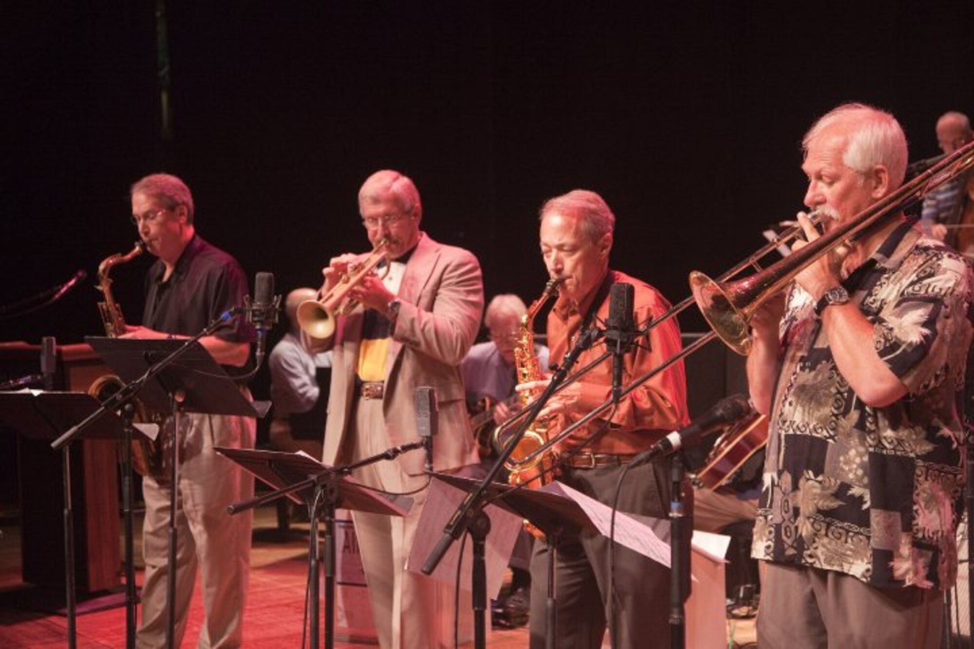 Retired "Note" alumni Chief Master Sgt. Pete Barenbregge, Master Sgt. Ken Smukal, Chief Master Sgt. Joe Eckert, and Master Sgt. Rick Lillard jam during the 2010 Jazz Heritage Series.   The USAF Band’s Airmen of Note celebrated 60 years with members past and present for a weekend of amazing artistry.  The alumni weekend also kicked off the 2010 Jazz Heritage Series that continues on October 1 and November 5. All concerts in the Jazz Heritage Series start at 8 p.m., and are free and open to the public. No tickets are needed. Lisner Auditorium is located at 730 21st Street Northwest, on the campus of George Washington University. (Photo by Robert Mesite)