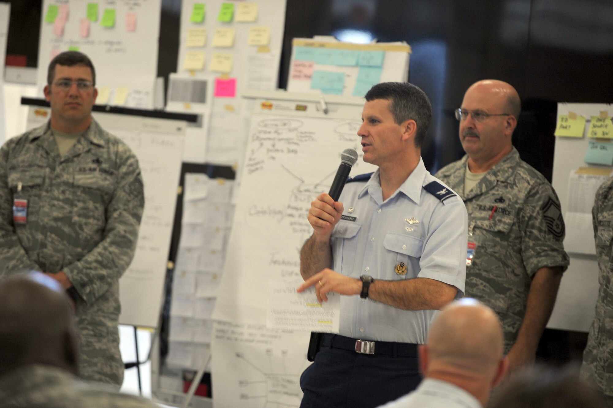 Col. Jamie Crowhurst, 22nd Air Refueling Wing commander, shares his final thoughts after a Air Force Smart Operations for the 21st Century static inspection, expressing his appreciation to McConnell Airmen for their contributions during the event, Sept. 17, 2010, McConnell Air Force Base, Kan.  In an effort to further streamline and sustain the KC-135 Stratotanker fleet, McConnell recently hosted an Air Force Smart Operations for the 21st Century event. (U.S. Air Force photo/Staff Sgt. Dallas Edwards) 