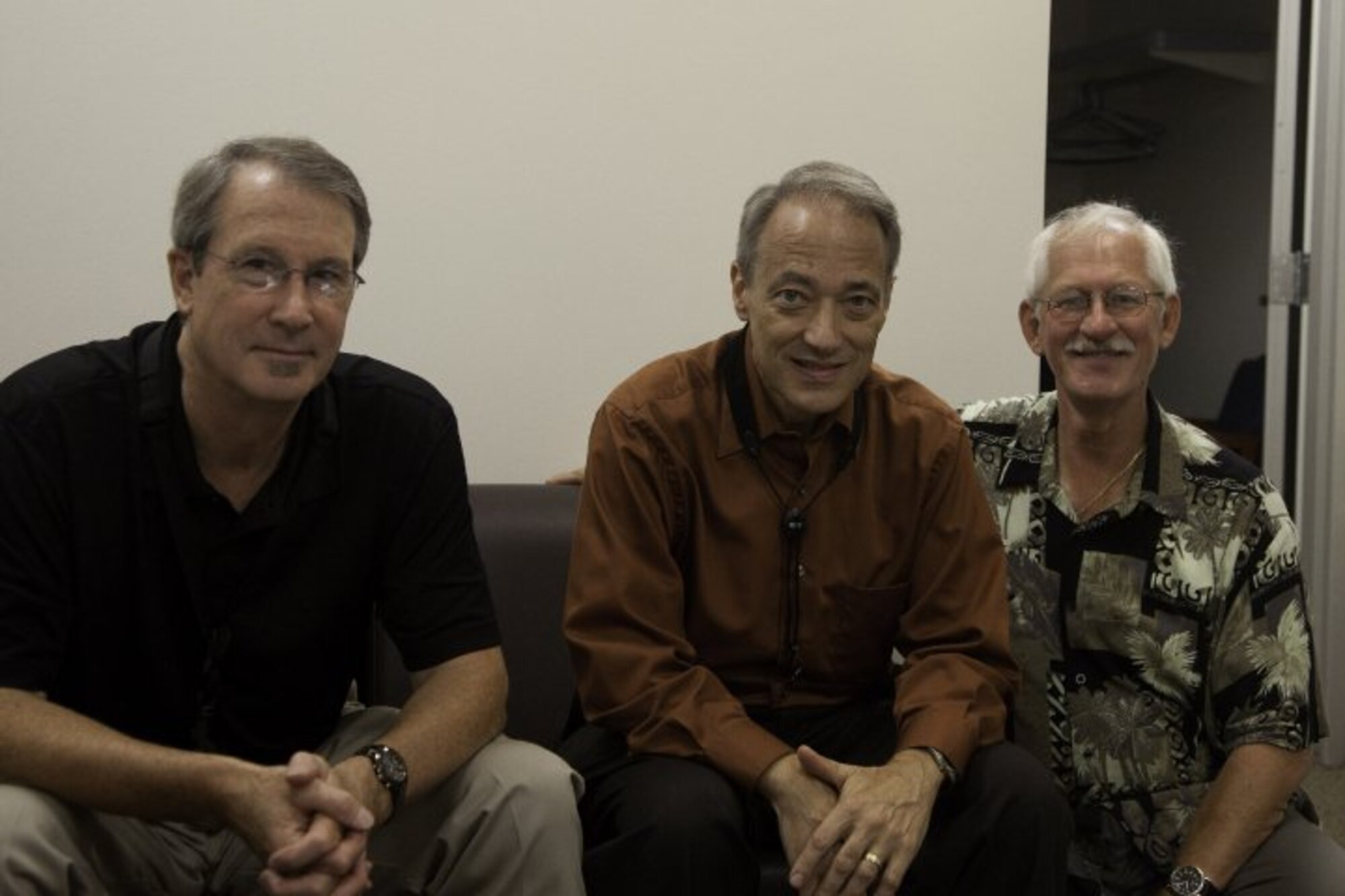 Retired Chief Master Sgts.Peter BarenBregge and Joe Eckert, and Master Sgt. Rick Lillard pause during a rehearsal for the special alumni concert that kicked off the 2010 Jazz Heritage Series.  All concerts in the Jazz Heritage Series start at 8 p.m., and are free and open to the public. No tickets are needed. Lisner Auditorium is located at 730 21st Street Northwest, on the campus of George Washington University. (Photo by Robert Mesite)