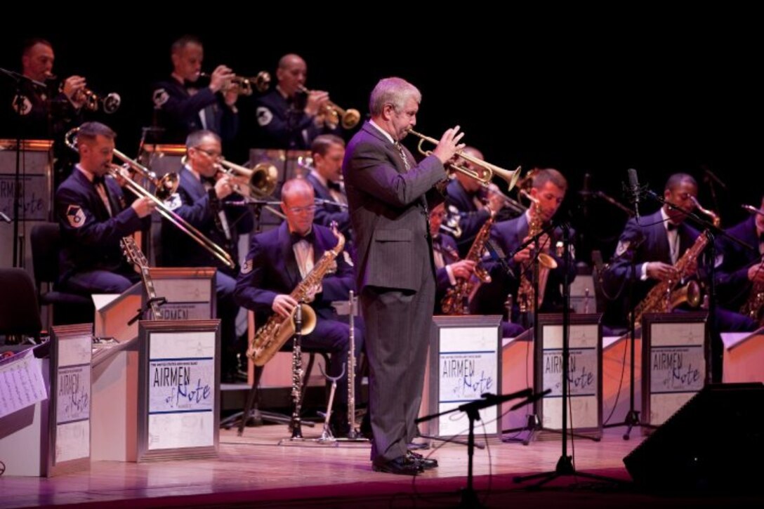 Retired Master Sgt. Ken Smukal takes a solo during the first concert of the 2010 Jazz Heritage Series.  The alumni weekend also kicked off the 2010 Jazz Heritage Series which continues on October 1 and November 5. All concerts in the Jazz Heritage Series start at 8 p.m., and are free and open to the public. No tickets are needed. Lisner Auditorium is located at 730 21st Street Northwest, on the campus of George Washington University. (Photo by Robert Mesite)