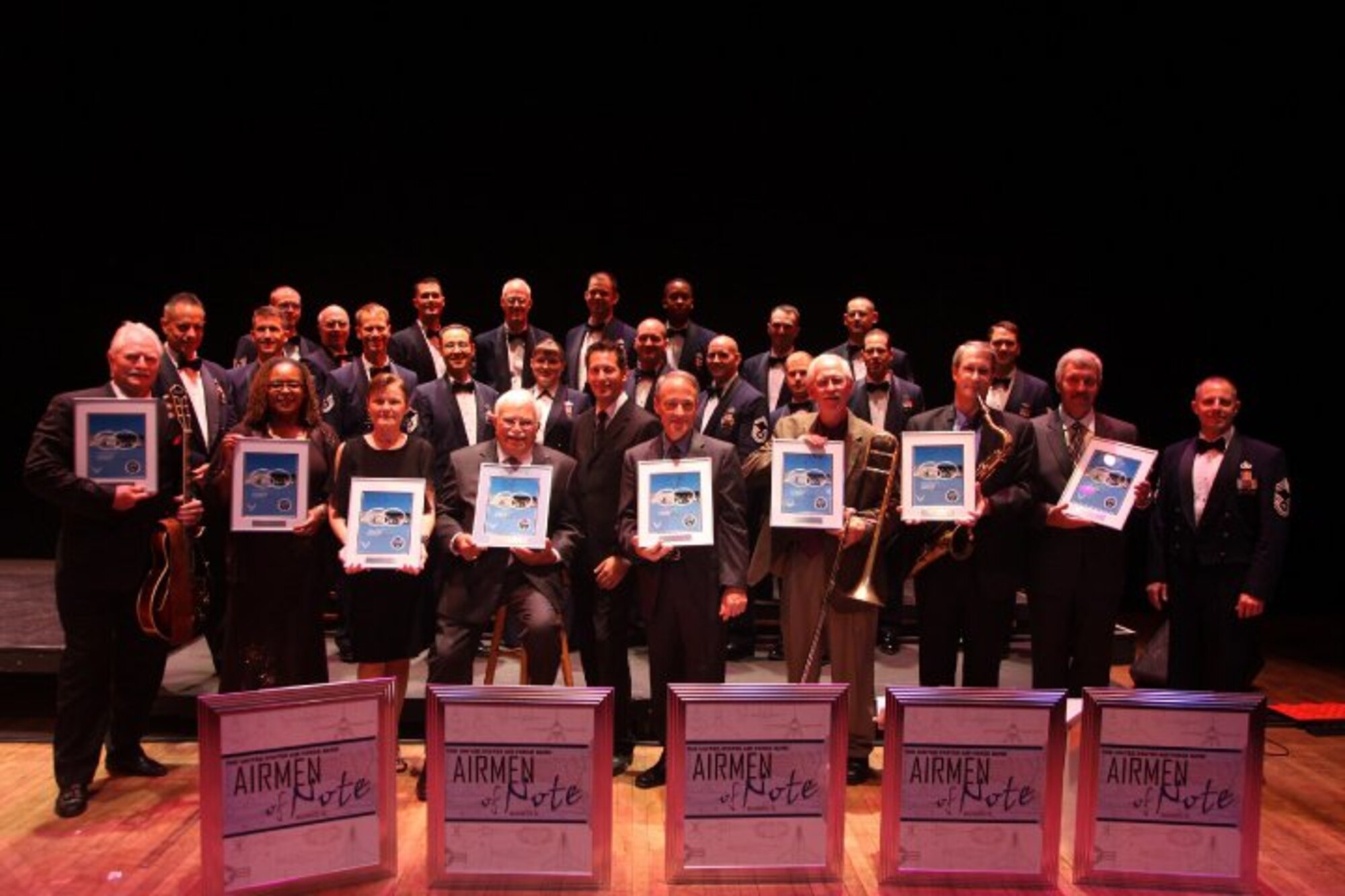 The 2010 Jazz Heritage Series kicked off with a special alumni concert featuring former members of the Airmen of Note.  The evening featured a new composition by Retired Master Sgt, Sammy Nestico (front row, fourth from the left).  Some of the most distinguished performers in the “Note’s” 60-year history were featured, including retired Master Sgts. Ken Smukal, Rick Lillard and Tracey Wright, retired Senior Master Sgt. Bobbie McCleary, and retired Chief Master Sgts. Rick Whitehead, Peter BarenBregge and Joe Eckert. (Photo by Robert Mesite)