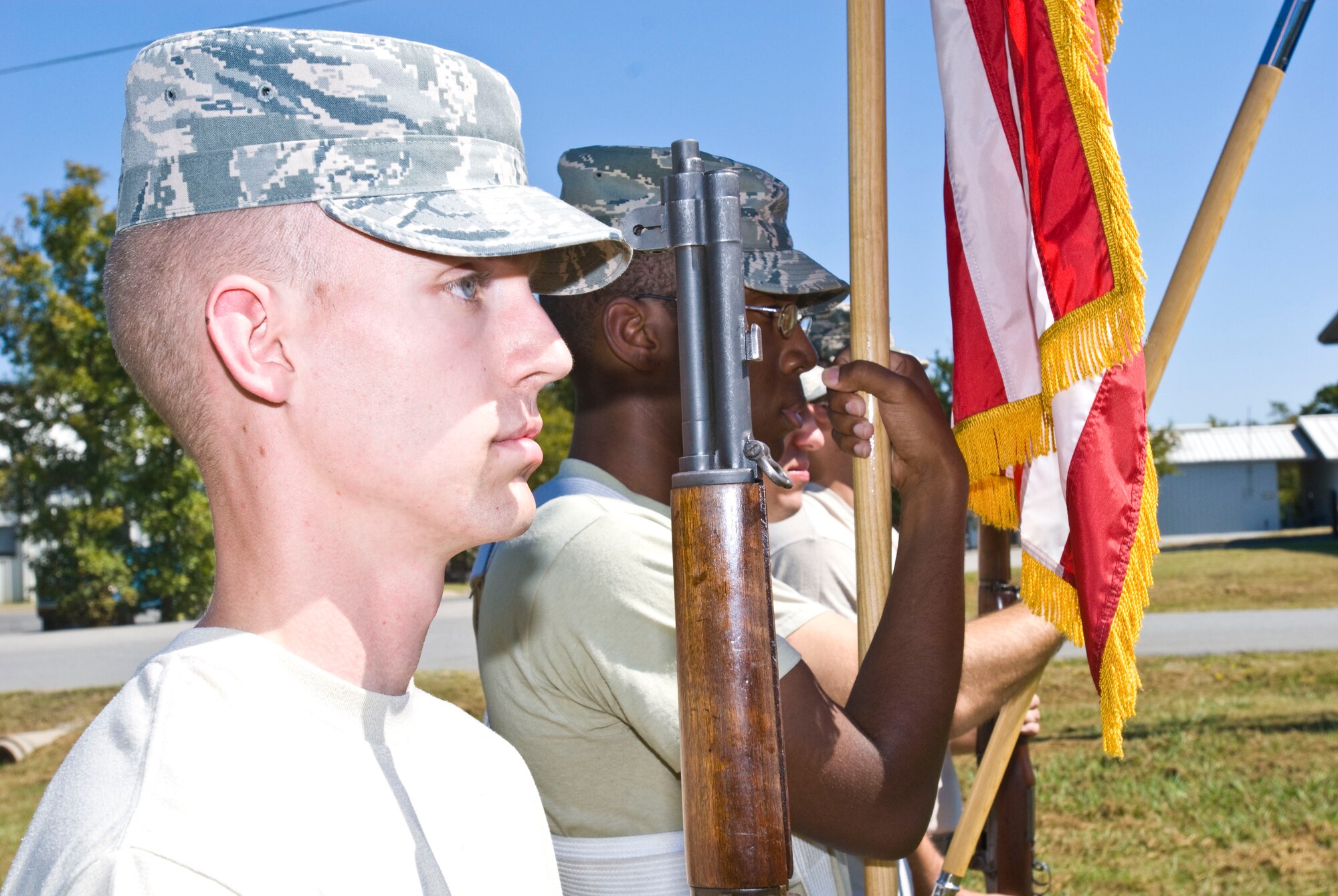 Senior Airman Christopher Crosby, 19th Civil Engineer Squadron, stands with fellow honor guard members during a pre-test evaluation here Sept. 28. Base honor guard leaders say most honor guard members are senior airmen and below, but all ranks are welcome to join. (U.S. Air Force photo by Staff Sgt. Nestor Cruz)