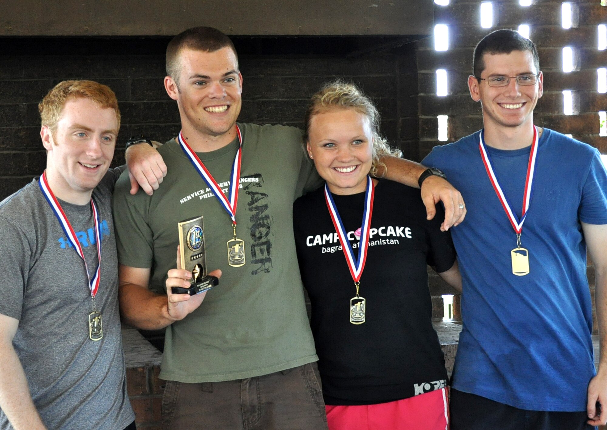 The winning relay team The A Team. From left to right, 2Lts Sean Sullivan, Preston Moon,  Katrina Moon, and Justine Raabe.
 (U.S. Air Force Photo)
