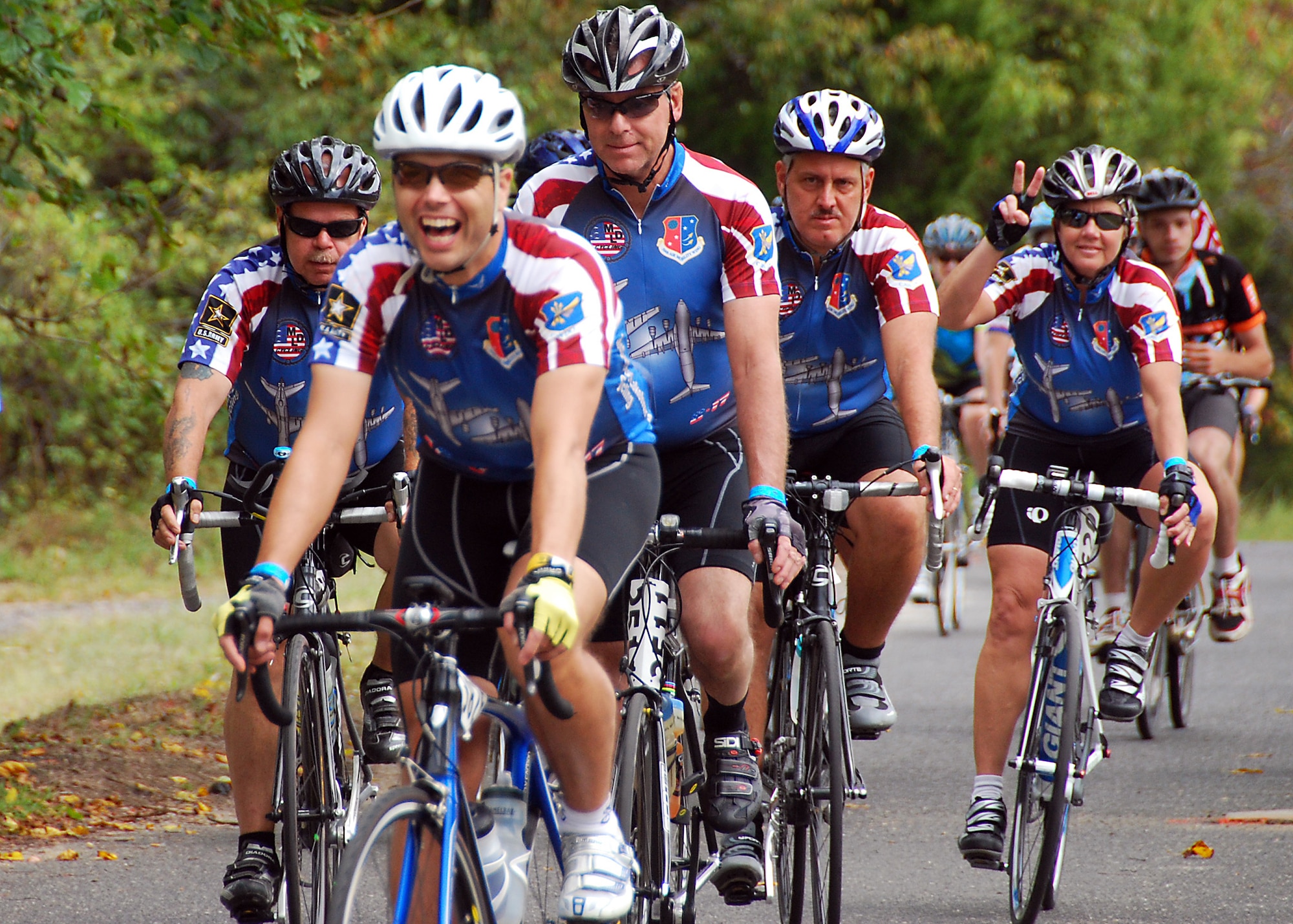 JOINT BASE MCGUIRE-DIX-LAKEHURST, N.J. -- Members of the McGuire-Dix-Lakehurst cycling team ride during the annual two-day Multiple Sclerosis City to Shore Ride 2010 Sept. 25-26. The team of Air Force and Army servicemembers and civilians raised more than $13,000 for the National Multiple Sclerosis Society. (U.S. Air Force photo/Master Sgt. Donna Jeffries)
