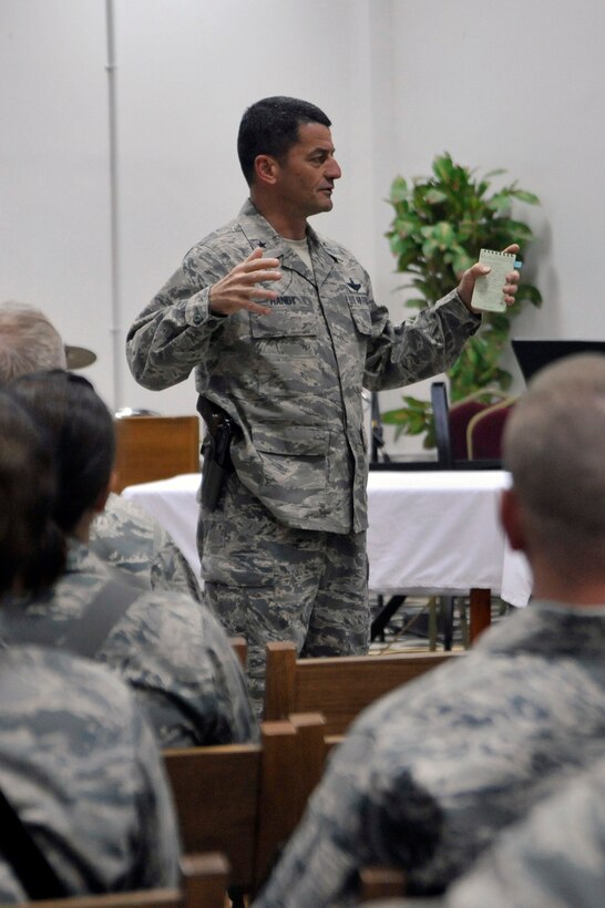 Brig. Gen. Russell Handy, director of the Air Component
Coordination Element - Iraq, and commander of Detachment 2, 9th Air
Expeditionary Task Force speaks to Airmen during a commander's call Sept.
20, 2010, at Forward Operating Base Union III. The top Airman in Iraq and
members of his staff will travel to forward operating locations throughout
Iraq to assess the needs and welfare of their Airmen, give them a better
understanding of how they work and live, and how the ACCE-I can help them
best accomplish their missions.  
