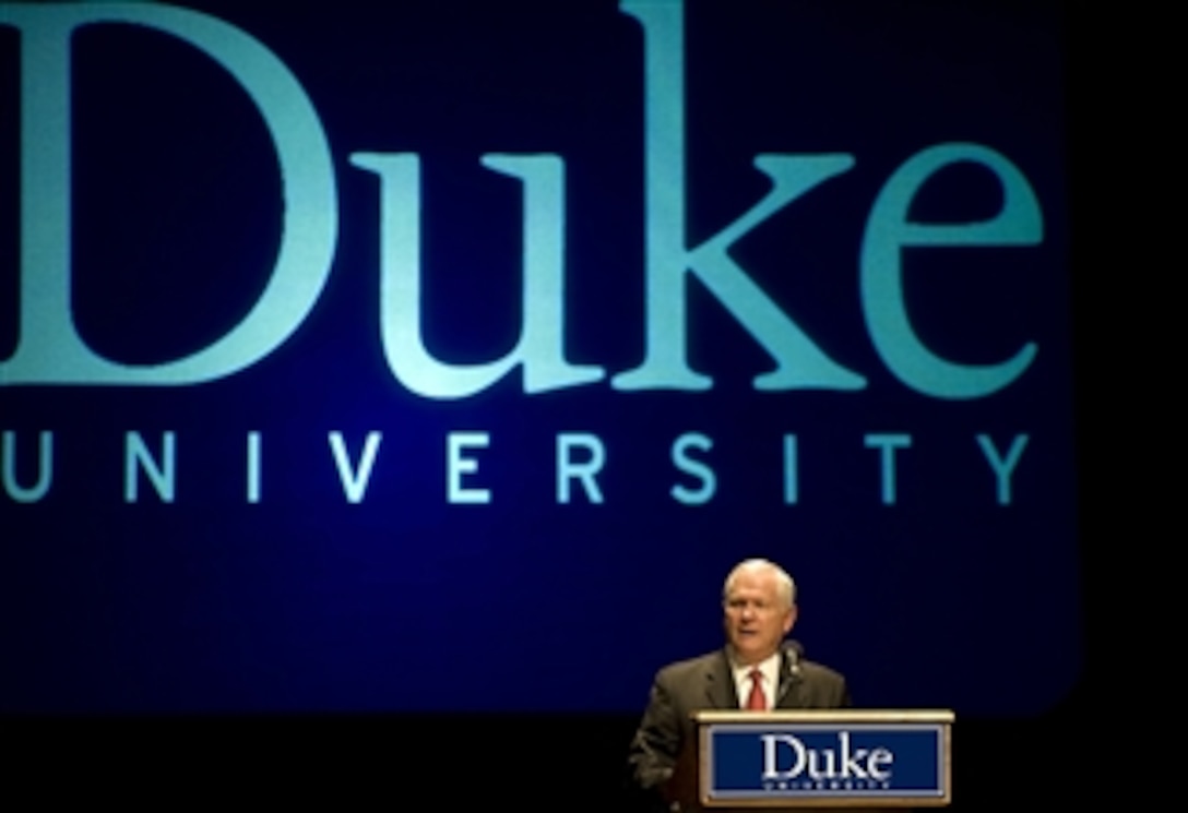 Secretary of Defense Robert M. Gates speaks to more than 1200 students, faculty, ROTC Cadets and civilians about the achievements of the all-volunteer military force and the stresses and strains it faces at Duke University, N.C., on Sept. 29, 2010.  