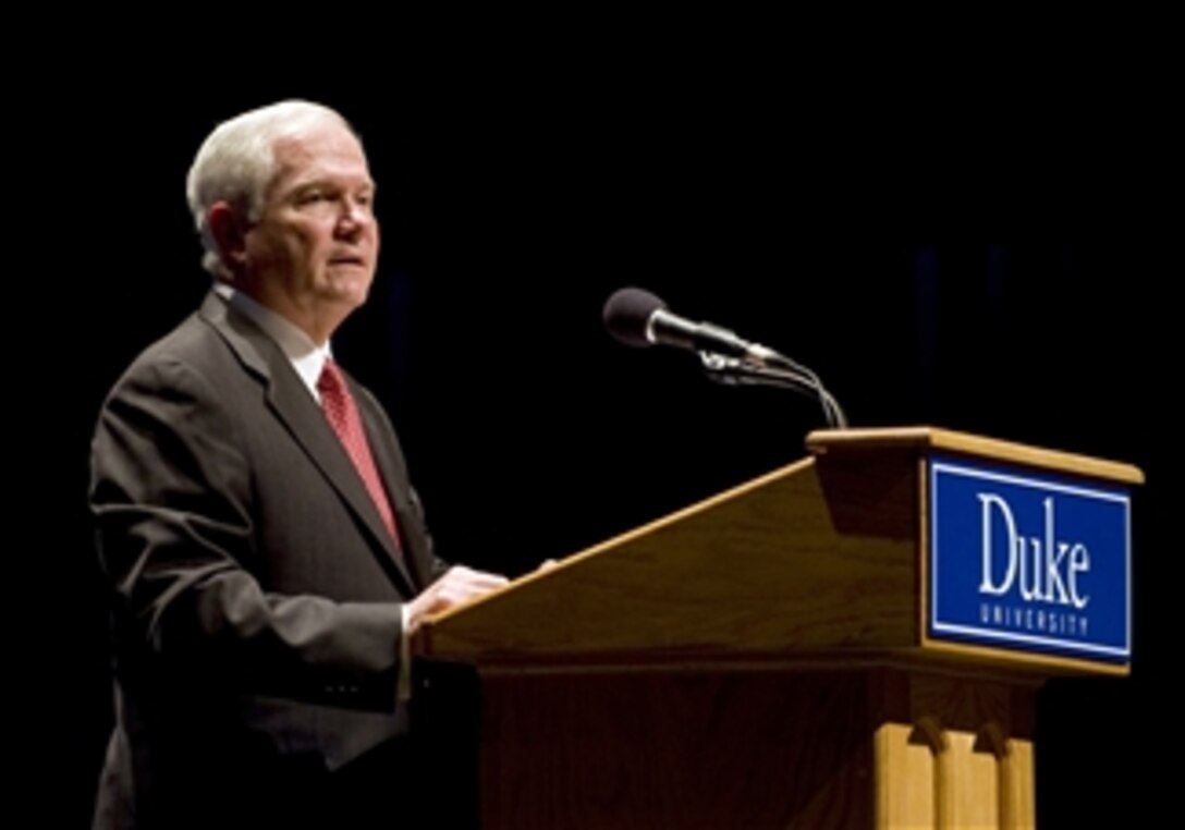Secretary of Defense Robert M. Gates speaks to more than 1200 students, faculty, ROTC Cadets and civilians about the achievements of the all-volunteer military force and the stresses and strains it faces at Duke University, N.C., on Sept. 29, 2010.  