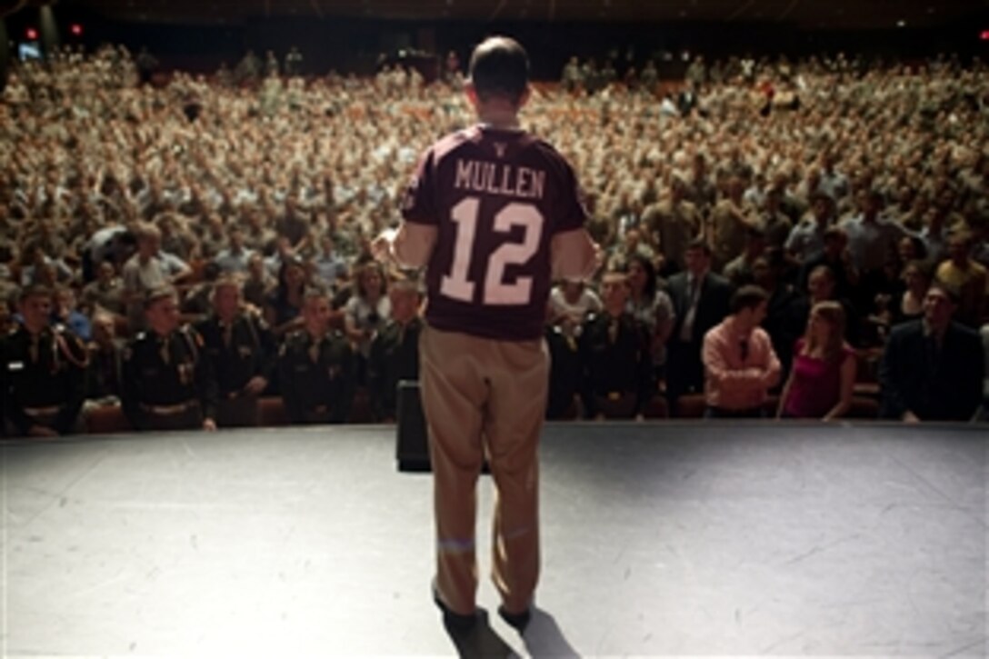 Navy Adm. Mike Mullen, chairman of the Joint Chiefs of Staff, addresses the corps of cadets at Texas A&M University in College Station, Texas, Sept. 30, 2010. 