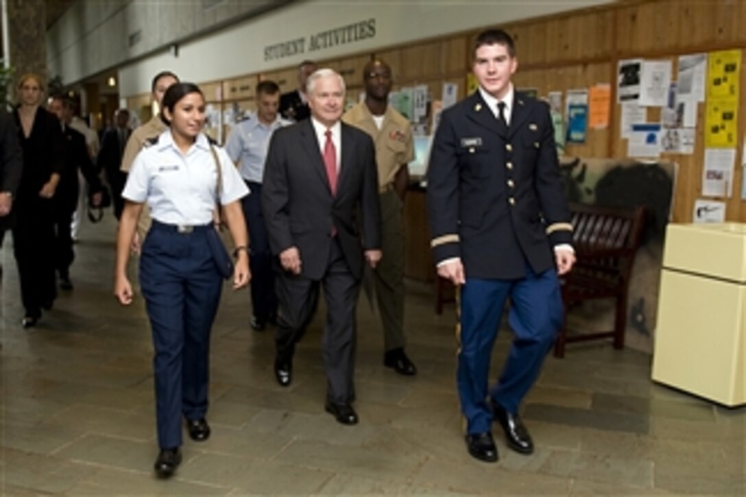 Secretary of Defense Robert M. Gates walks with ROTC cadets at Duke University, N.C., on Sept. 29, 2010.  