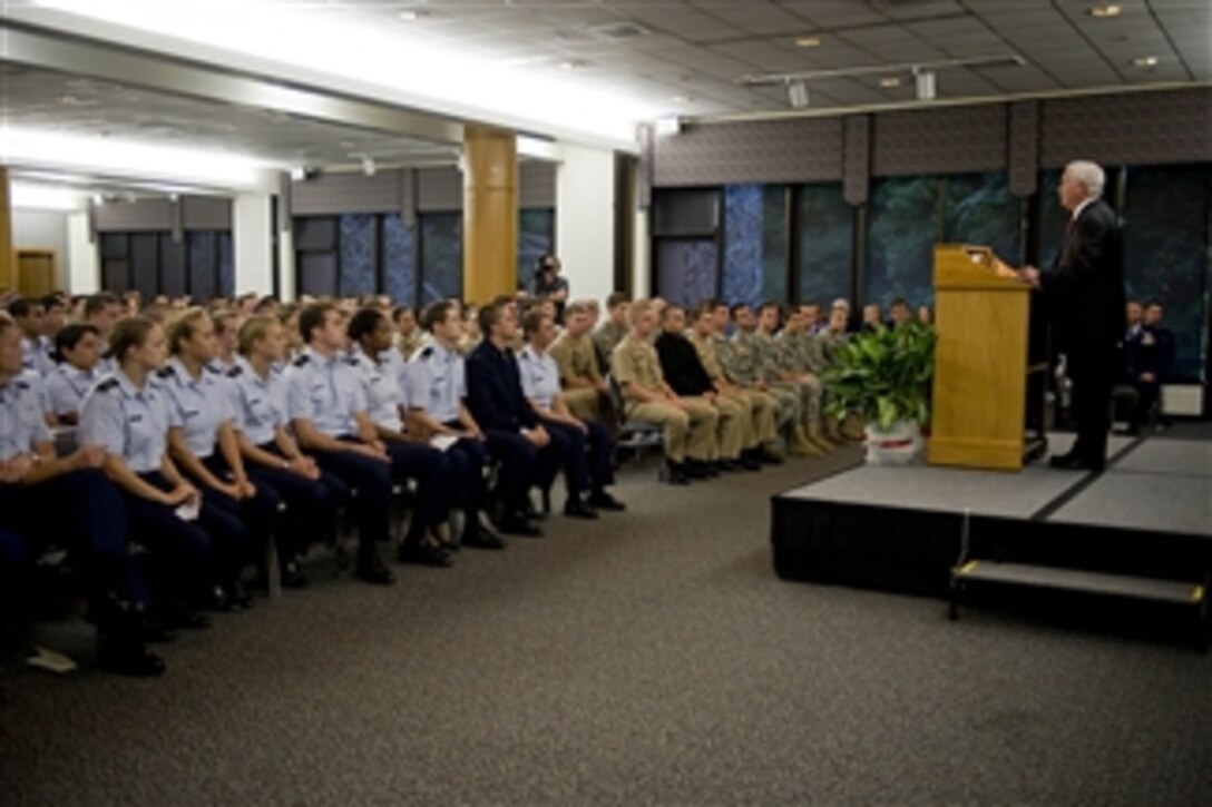 Secretary of Defense Robert M. Gates speaks at Duke University, N.C., to ROTC Cadets from Duke University, University of North Carolina, North Carolina Sate and North Carolina Central University on Sept. 29, 2010.  