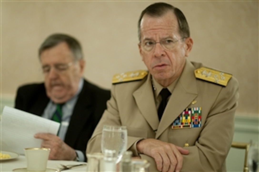 Chairman of the Joint Chiefs of Staff Adm. Mike Mullen, U.S. Navy, addresses reporters at the Christian Science Monitor's Breakfast at the St. Regis Hotel in Washington, D.C., on Sept. 29, 2010.  For more than 44 years the breakfasts have hosted the opportunity for Washington newsmakers and journalists to sit down for in depth discussions outside of the normal press conference arena.  