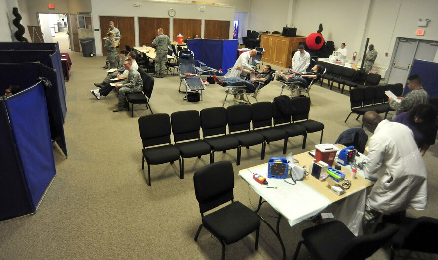 Servicemembers and civilians go through the donation process at an Armed Services Blood Bank Center blood drive March 30 at Joint Base Lewis-McChord, Wash. All donations are sent to support deployed servicemembers in Iraq and Afghanistan within two weeks. (U.S. Air Force photo/Airman 1st Class Leah Young)