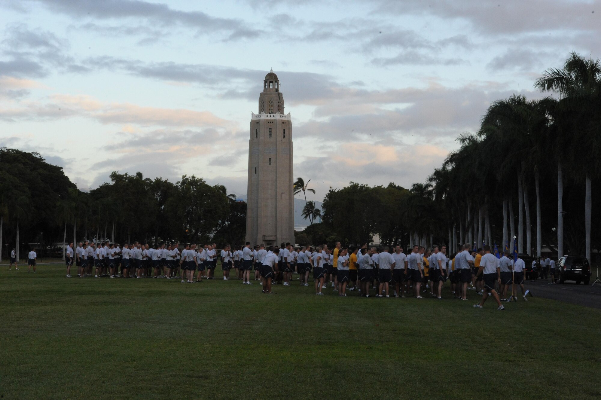 Airmen from Joint Base Pearl Harbor-Hickam, Hawaii, gather to participate in the monthly "Warrior Run" Apr. 1 which begins and ends at Hickam Mall. The run, which spans approximately two miles, was hosted this month by the 15th Medical Group. (U.S. Air Force photo by Staff Sgt. Nathan Allen)