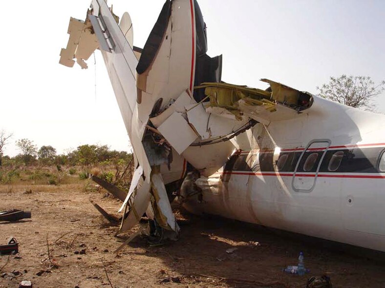 United States Air Force Accident Investigation Board Report. Class-A Mishap, Bamako, Mali, 19 November 2009. Photos of a Bombardier DHC-8/Q200 assigned to the 524th Special Operations Squadron, 27th Special Operations Wing, Air Force Special Operations Command,  that crash-landed 61 miles North-northwest of Bamako, Mali in Africa on November 19, 2009. These images were part of the US Air Force Aircraft accident investigation board report. The plan departed Nouakchott Airport Mauritania en rout to Bamako-Senou airport Mali. The plane ran out of fuel during the flight, causing the mishap. (Air Force Photo)