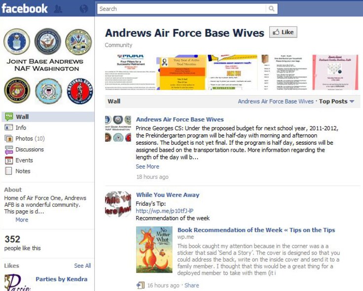 The Joint Base Andrews Wives Facebook page, created by Heather Umstattd, serves as an online forum for the wives of Andrews servicemembers to share information and creatively solve problems. The page is public, and accessible even to those not on Facebook.