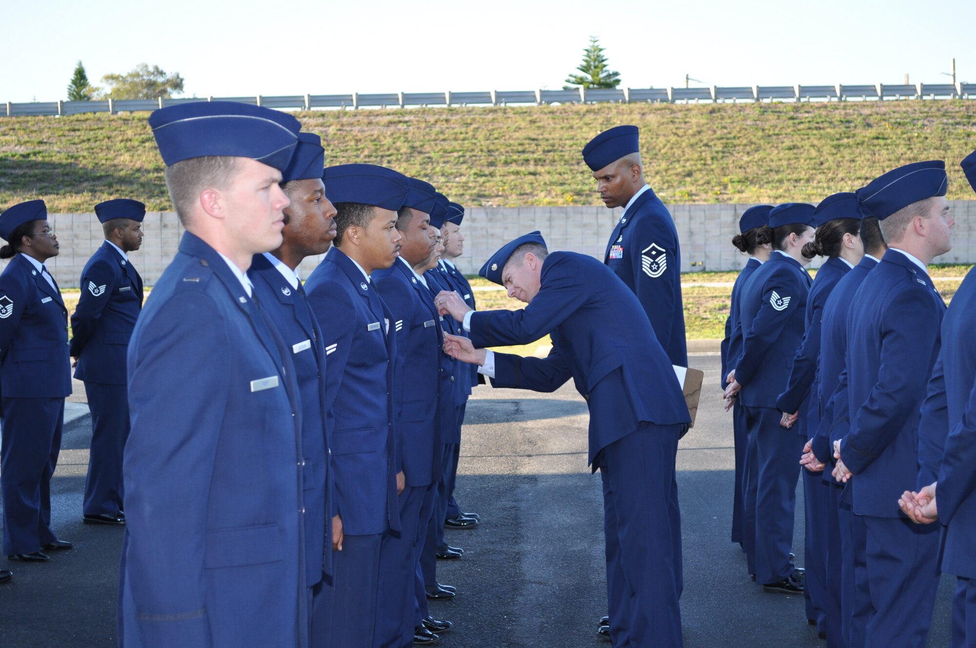 Master Sgt. Michael Wynne, First Sergeant, 45th Medical Group and Maj. Jeremy Scarpate, Dental Flight Commander, 45th Aerospace Medicine Squadron, serve as the inspectors for  the 45th Medical Group’s first full service dress Open Ranks inspection.