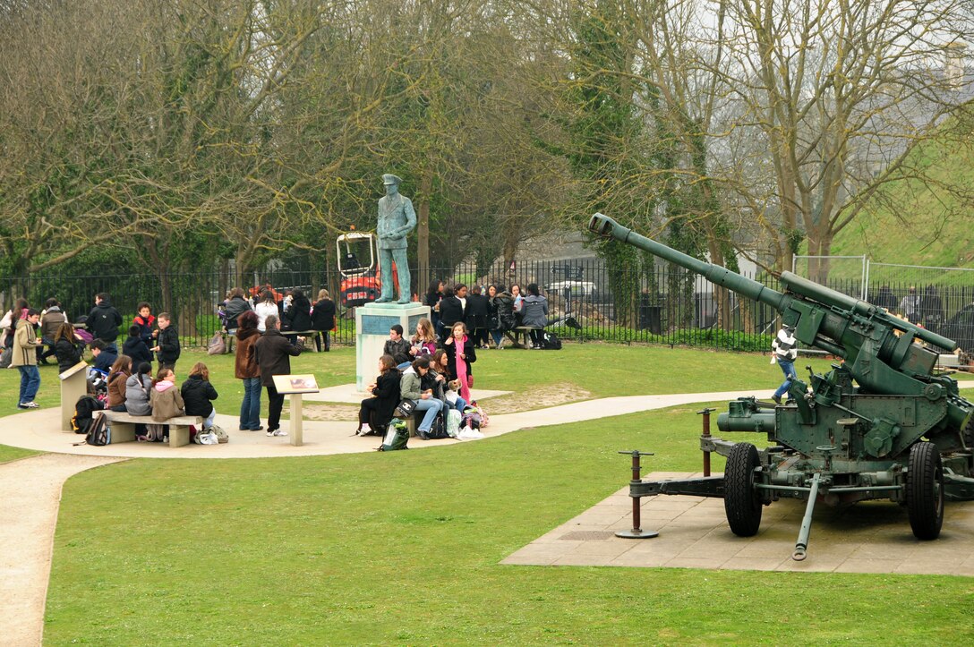 DOVER, England – People gather around a statue of Admiral Sir Bertram Ramsay on March 26, 2011. He was a British admiral during World War II who was placed in charge of the Dover area of responsibility in August 1939. This was one of the many attractions to see at Dover Castle. (U.S. Air Force photo/Staff Sgt. Stephen Linch)