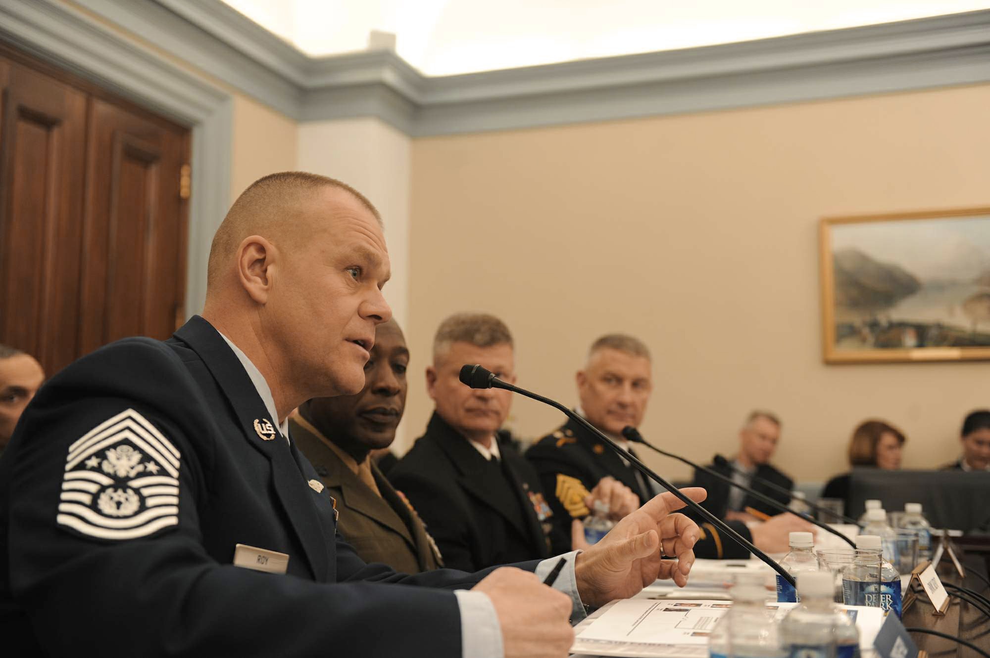 Chief Master Sgt. of the Air Force James A. Roy testifies before the House Subcommittee for Military Construction, Veterans Affairs and Related Agencies in Washington, D.C., March 30, 2011. The committee focused on quality-of-life issues for enlisted members serving in the military. Roy shared the witness stand with his counterparts from the Marines, Navy and Army, who are Sergeant Major of the Marine Corps Carlton Kent, Master Chief Petty Officer of the Navy Rick West, and Sergeant Major of the Army Raymond Chandler. (U.S. Air Force photo/Scott M. Ash)