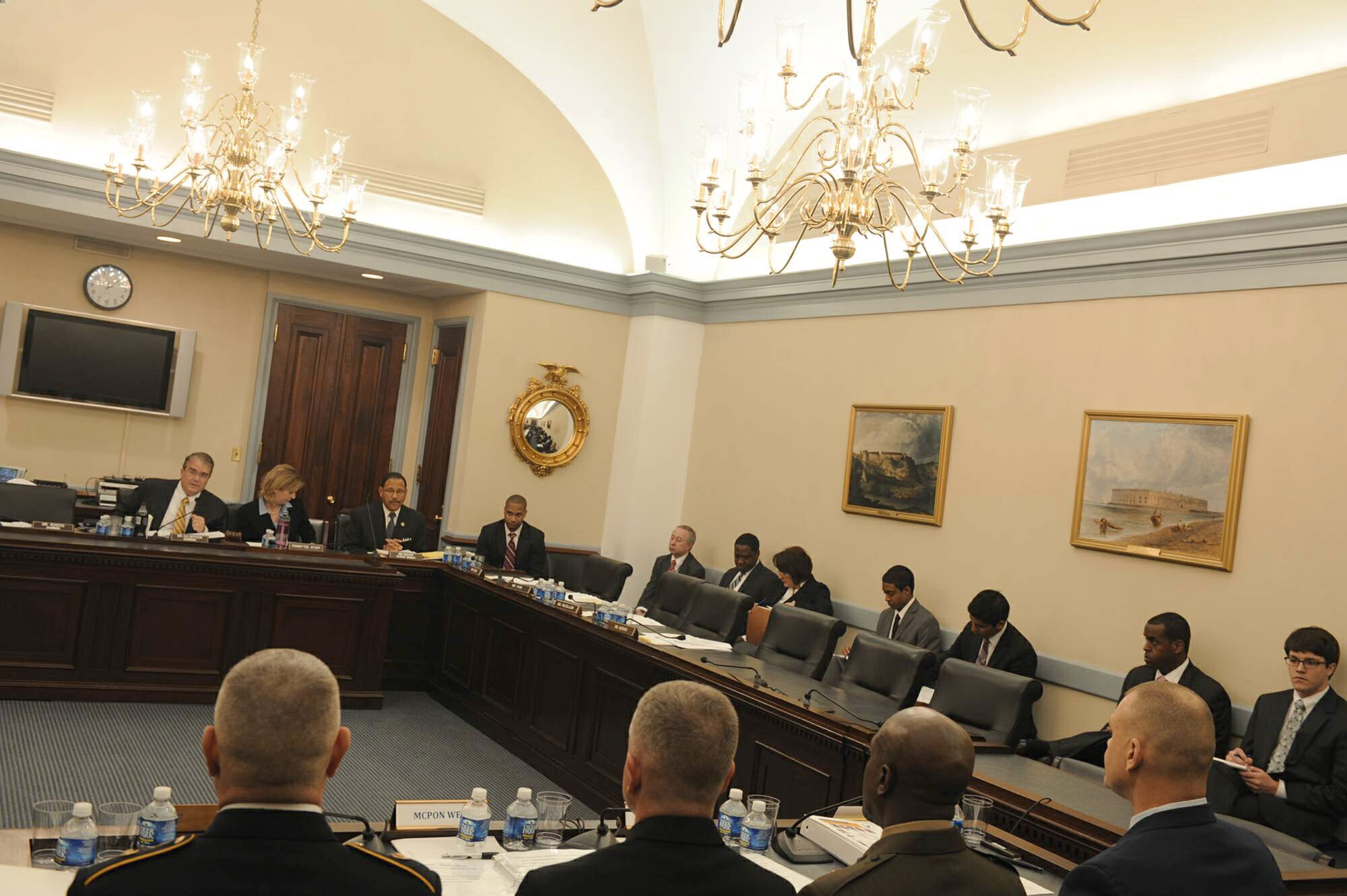 The senior enlisted leaders from the Air Force, Marines, Navy and Army testify before the House Subcommittee for Military Construction, Veterans Affairs and Related Agencies March 30, 2011, in Washington. In the foreground from the right are Chief Master Sgt. of the Air Force James A. Roy, Sergeant Major of the Marine Corps Carlton Kent, Master Chief Petty Officer of the Navy Rick West, and Sergeant Major of the Army Raymond Chandler. The committee focused on quality-of-life issues for enlisted members serving in the military. (U.S. Air Force photo/Scott M. Ash)