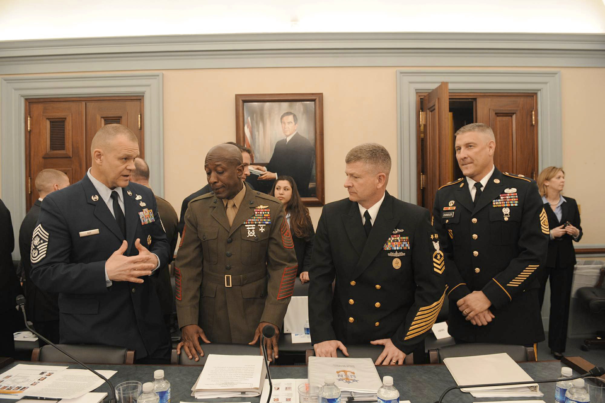 The senior enlisted leaders from the Air Force, Marines, Navy and Army testify before the House Subcommittee for Military Construction, Veterans Affairs and Related Agencies March 30, 2011, in Washington. From left are Chief Master Sgt. of the Air Force James A. Roy, Sergeant Major of the Marine Corps Carlton Kent, Master Chief Petty Officer of the Navy Rick West and Sergeant Major of the Army Raymond Chandler. (U.S. Air Force photo/Scott M. Ash)