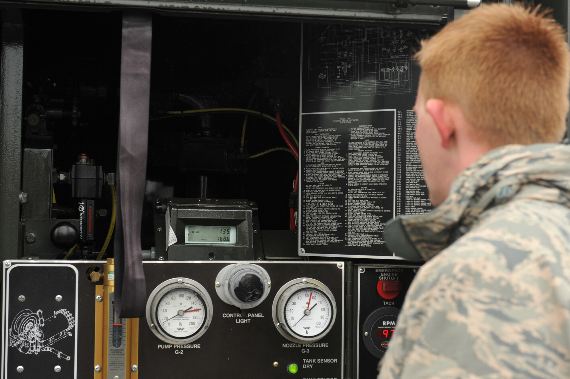 SEYMOUR JOHNSON AIR FORCE BASE, N.C. – Airman 1st Class Brandon Horne monitors the controls on a defueling operation panel here, March 31, 2011. The 4th Logistic Readiness Squadron fuel operations flight supports the base’s F-15E Strike Eagles and KC-135R Stratotanker fleet. Airmen from Seymour Johnson will complete the first biomass-fueled flyover at the Philadelphia Phillies season opener April 1. Airman Horne, 4th Logistic Readiness Squadron refueling operator, hails from Clinton. (U.S. Air Force photo/Senior Airman Whitney Lambert) (RELEASED)