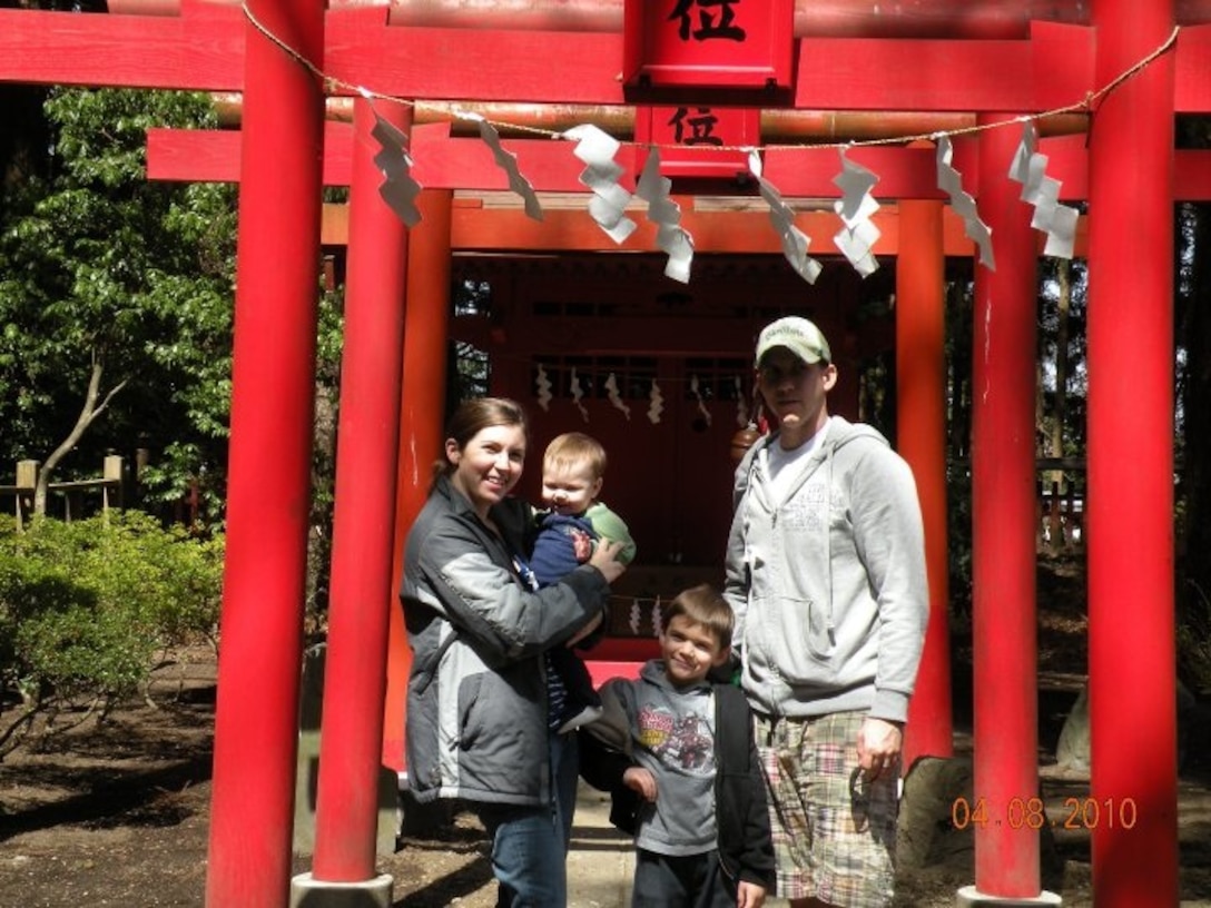The Kelley family enjoys Japan before the earthquake. Airman First Class Shawn Kelley (left), Rebecca with Brayden (center) and Parker. Rebecca and the boys (plus Dylan not pictured) arrived in Florida March 24 after traveling for three days from Misawa Air Base, Japan. Airman Kelley, an Emergency Management Specialist, stayed behind in Japan.
