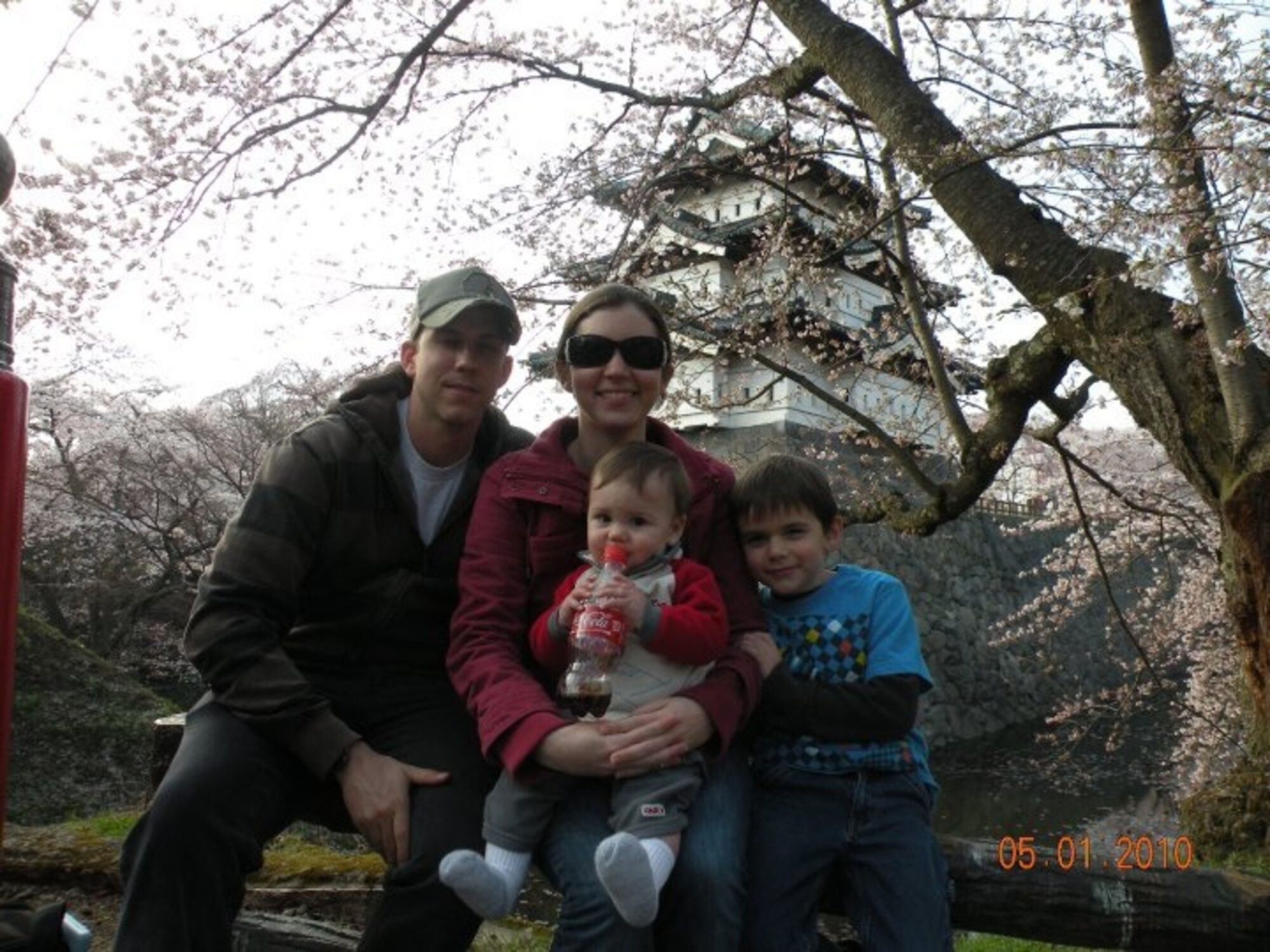 The Kelley family enjoys Japan before the earthquake. Airman First Class Shawn Kelley (left), Rebecca with Brayden (center) and Parker. Rebecca and the boys (plus Dylan not pictured) arrived in Florida March 24 after traveling for three days from Misawa Air Base, Japan. Airman Kelley, an Emergency Management Specialist, stayed behind in Japan.