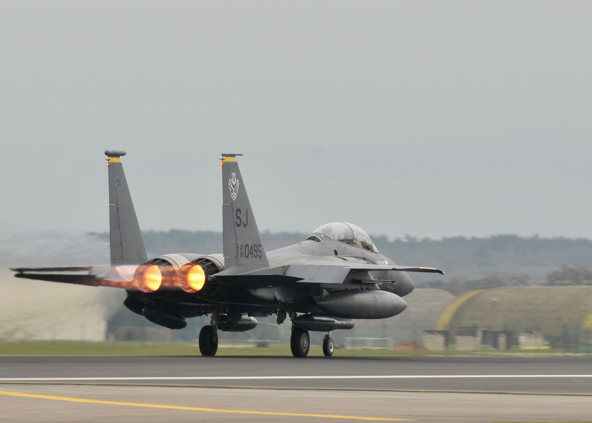 ROYAL AIR FORCE LAKENHEATH, England - An F-15E Strike Eagle from Seymour Johnson Air Force Base, N.C., prepares to depart RAF Lakenheath on March 26, 2011. They were returning from a regular deployment to Southwest Asia.(U.S. Air Force photo/Senior Airman Tiffany M. Deuel)