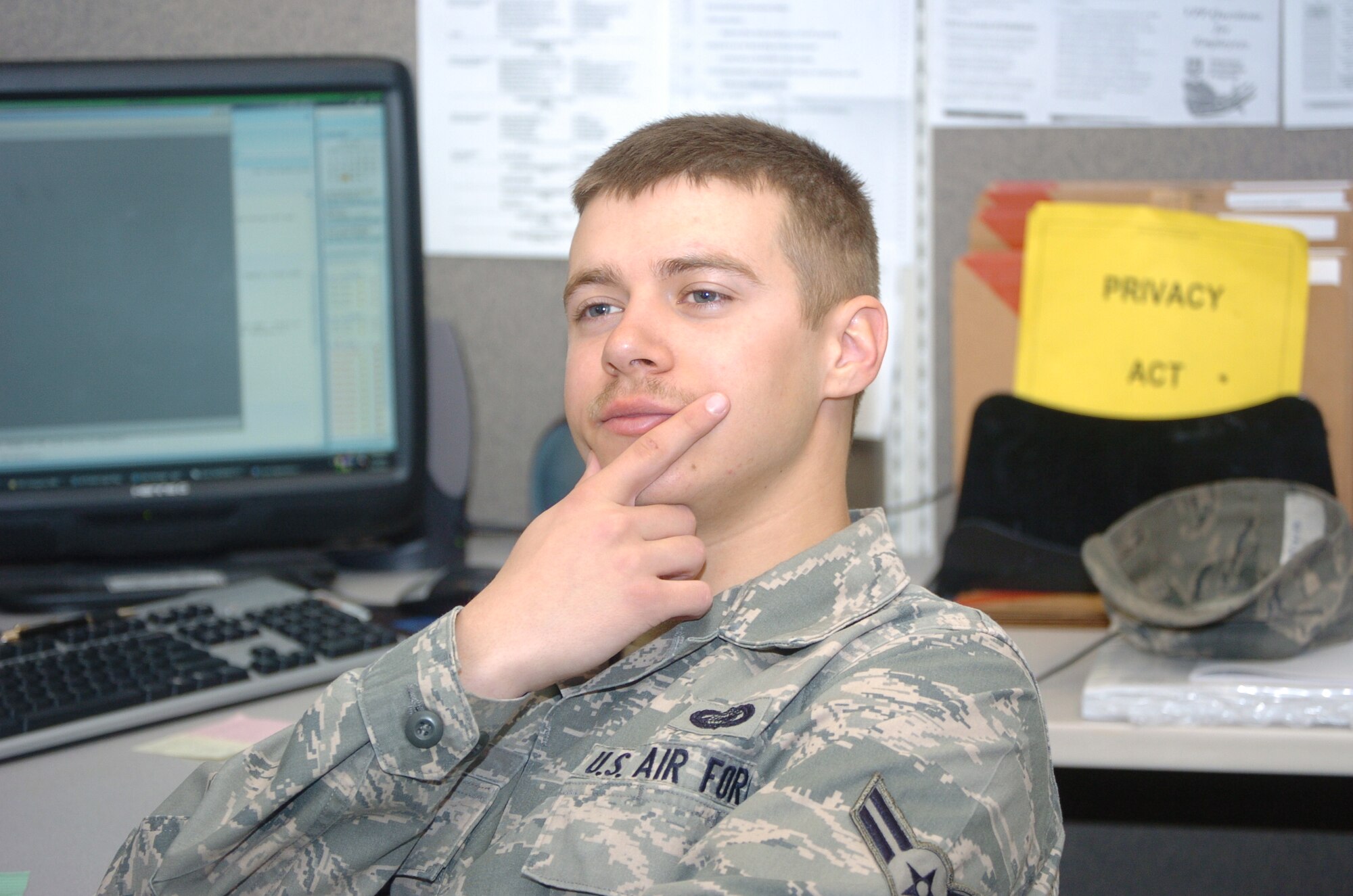 Airman 1st Class Joshua King, 75th Force Support Squadron, sports his mustache in honor of the tradition of Mustache March. Mustache March has been an Air Force tradition since 1965. (U.S Air Force photo by Airman 1st Class Melissa Dearstone)