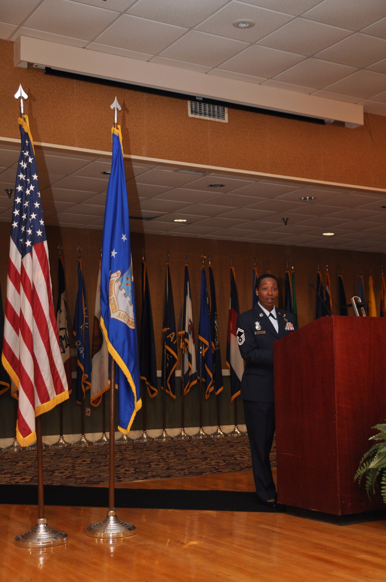 Senior Master Sgt. Veronica Spears, 14th Security Forces Superintendent was the guest speaker for the Women’s History Month Breakfast. Standing room only was all that was left for those who came to hear her speak. (U.S. Air Force photo/Airman 1st Class Chase Hedrick)