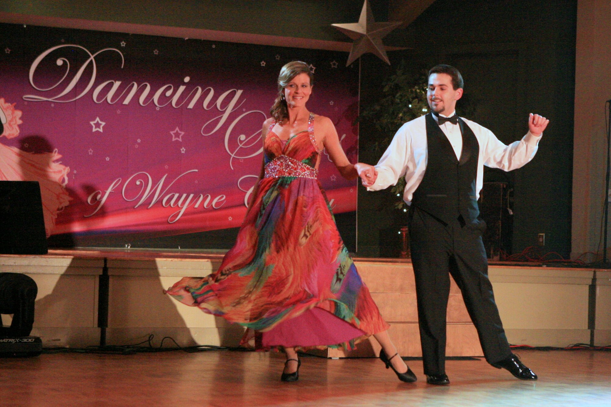 GOLDSBORO, N.C. - Command spouse Dee Dee Doherty, wife of 4th Fighter Wing commander Col. Patrick Doherty, participates in the first annual Dancing Stars of Wayne County event at the Walnut Creek Country Club, March 26, 2011. The event, sponsored by the Wayne Education Network and the Wayne County Chamber of Commerce, was held to raise funds for area education initiatives including scholarships for prospective teachers, grants and a middle school career fair. Mrs. Doherty was recognized as an outstanding female performer. (Courtesy Photo)