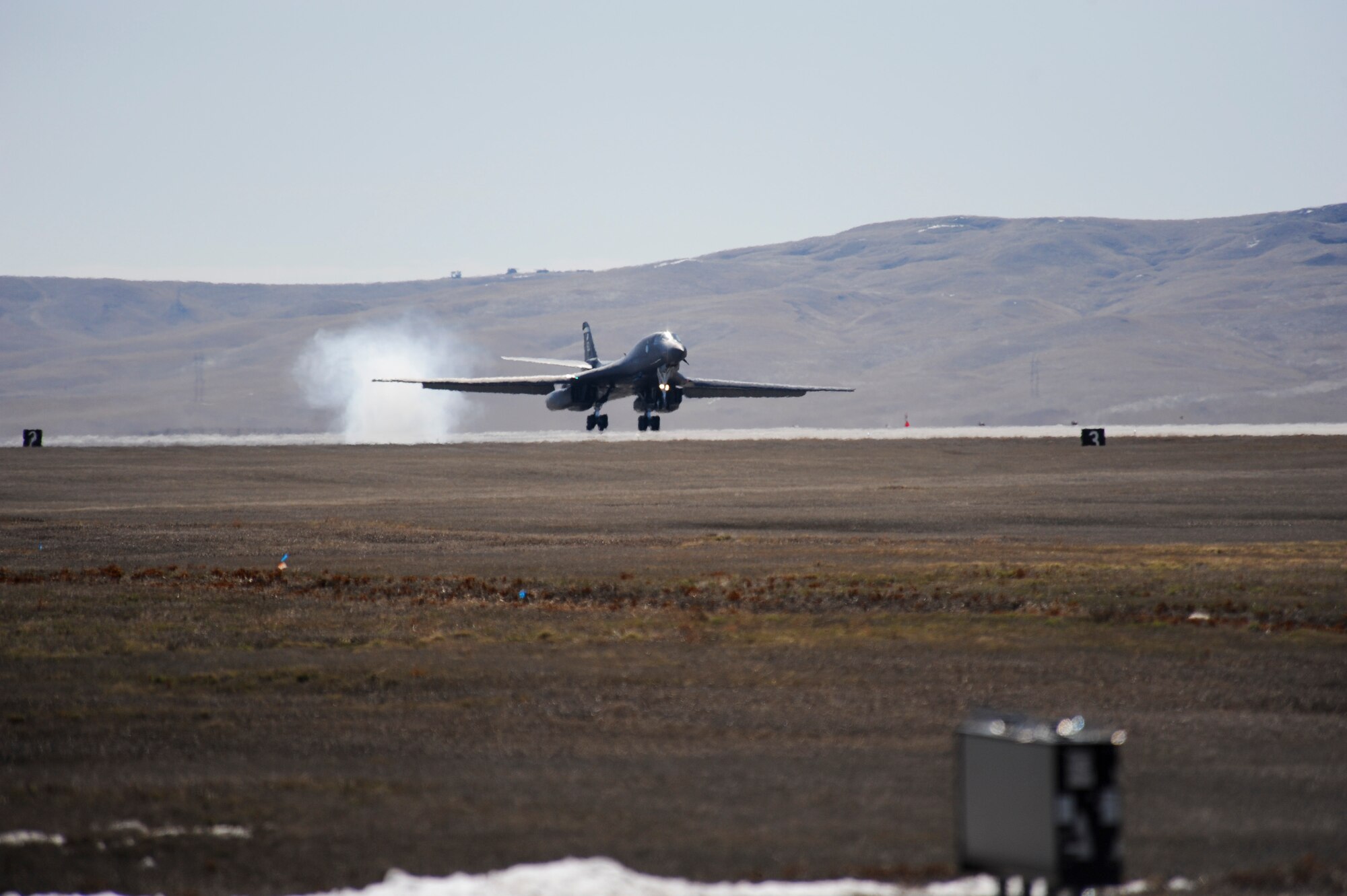 A B-1 Lancer from the 28th Bomb Wing lands following a mission in support of Operation Odyssey Dawn at Ellsworth Air Force Base, S.D., March 30, 2011. With less than two days notice, Airmen of the 28th Bomb Wing generated hundreds of weapons and launched several aircraft. (U.S. Air Force photo/Senior Airman Adam Grant)
