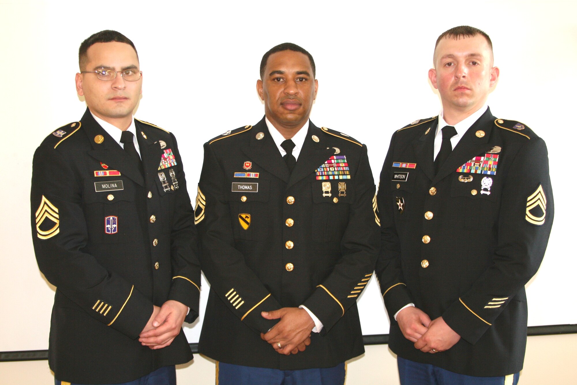 Sgt. 1st Class Orlando Monila, 2nd Battalion, 315th Regiment, 72nd Field Artillery Brigade, Joint Base McGuire Dix Lakehurst, N.J.; Sgt. 1st Class Virgil Thomas, 1st Battalion, 345th Regiment, 157th Infantry Brigade, Fort Jackson, S.C.; and Sgt. 1st Class Bo Whitson, 3rd Battalion, 314th Field Artillery Regiment, 72nd Field Artillery Brigade, JB MDL, N.J., earned the distinguished honor of joining the Sergeant Audie Murphy Club following a board held at Camp Shelby Joint Forces Training Center. (U.S. Army photo by Sgt. Kirk Kinamon/Released)