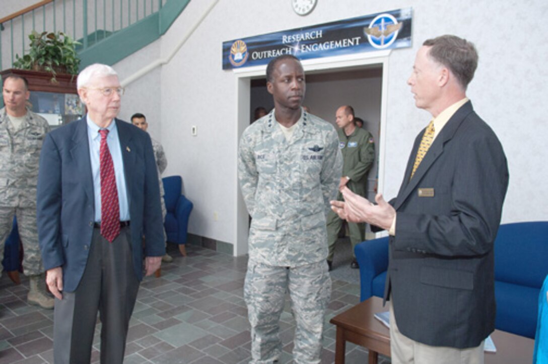 Air Education and Training Command Commander General Edward A. Rice Jr. makes his first official visit to Maxwell last week after taking over AETC in November. During the general's three-day visit, he received briefings and tours of major Air University, base and 42nd Air Base Wing organizations. Pictured with General Rice are retired Gen. John Shaud, left, director of the Air Force Research Institute, and Dr. Anthony J. Gould, right, chief of engagement division, Air Force Research Institute.(Air Force photo/Melanie Rodgers Cox)