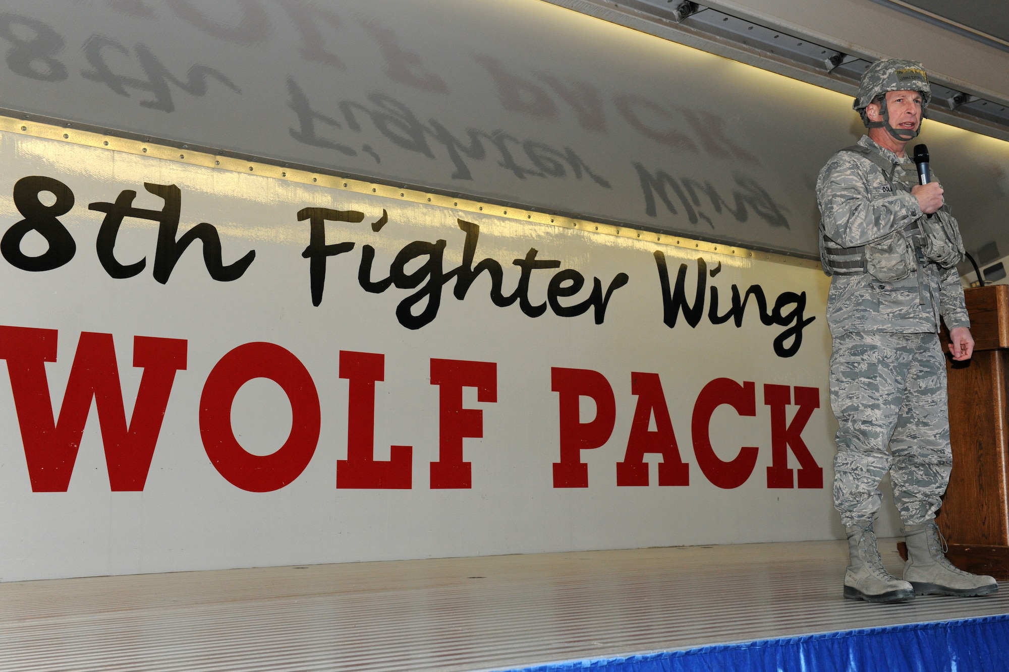 KUNSAN AIR BASE, Republic of Korea --  Col. John Dolan, 8th Fighter Wing commander, speaks to base Airmen during a pep rally March 31 for the start of the base Pacific Air Force Operational Readiness Inspection. (U.S. Air Force photo/Tech. Sgt. Jonathan Pomeroy)
