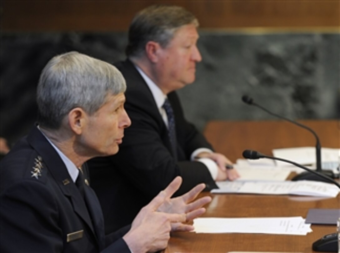 Air Force Chief of Staff Gen. Norton Schwartz answers a question during the Senate Appropriations Committee's Subcommittee on Defense hearing on the Air Force's fiscal 2012 budget request in Washington, D.C., on March 30, 2011.  Secretary of the Air Force Michael Donley (right) also served as a witness.  